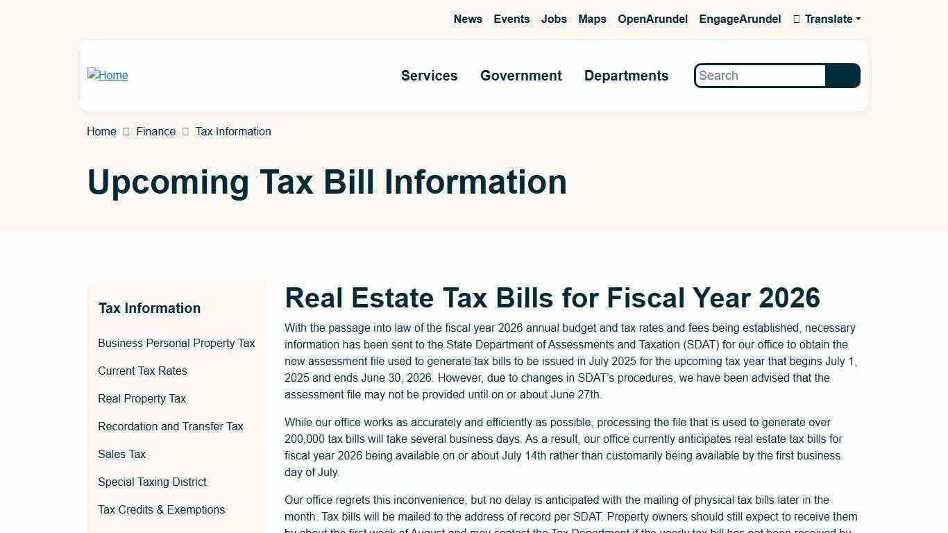 Upcoming Tax Bill Information Anne Arundel County Government